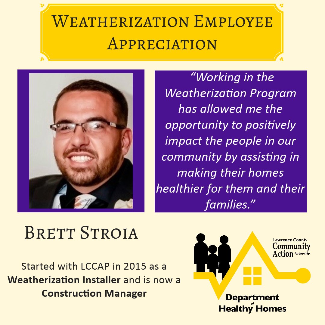 Today, for Weatherization Month, we'd like to shine the spotlight on Brett, who has been working with us for 8 years!

#weatherization #healthyhomes #lawrencecountypa #energyefficienthome