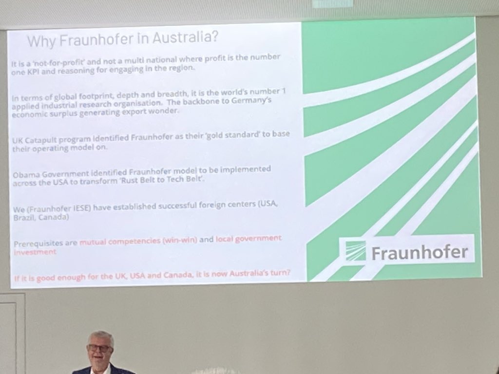 Key message from @Fraunhofer #science & #innovation event is that Germany values Australian #manufacturing creativity but would value it more in a systematic long-term policy framework @FraunhoferIGCV @fraunhoferiao @festo_global @khoelzle @ayrestim @CSIRO @IISA_Board