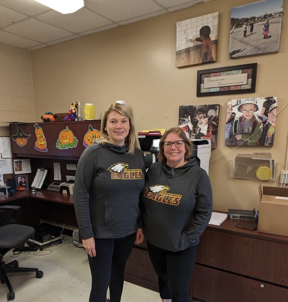 sjboscoschool's tweet photo. When the office staff have worked together for so long, they start dressing alike! @NLESDCA #comfyfriday #goeagles https://t.co/Rzbvad7RDW