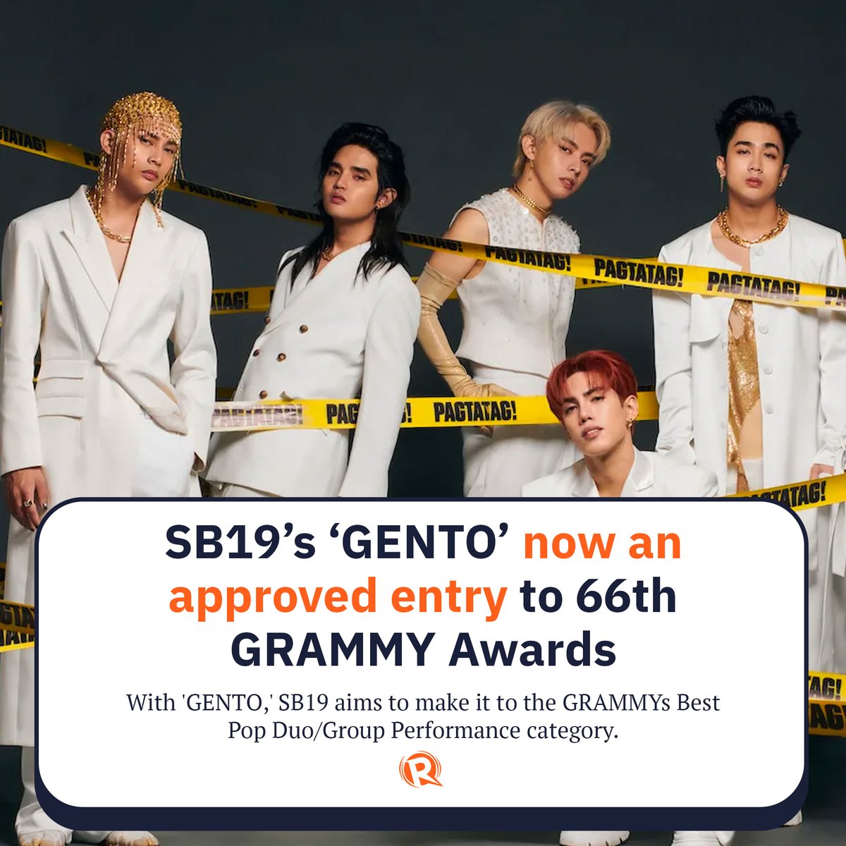 rapplerdotcom's tweet photo. Big news, A’TIN! P-pop boy group SB19’s hit track “GENTO” is now an approved entry to the US Recording Academy’s 66th GRAMMY Awards, Sony Music Philippines said.  https://t.co/oTZCMtpb4E https://t.co/5s5qXMbXxx