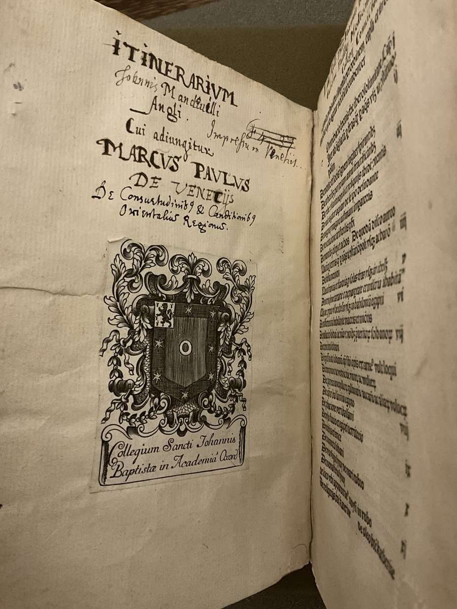 This incunable (P.scam.lowershelf.1) includes the first printing of Marco Polo’s ‘The Travels’ in Latin, as translated by the Dominican friar Francesco Pipino. Printed in the 1480s, it features a limp laced-case parchment binding and holes for ties.