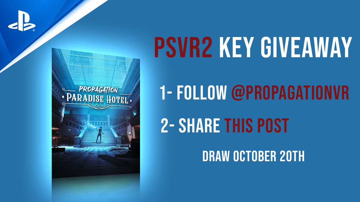 Propagation: Paradise Hotel is out on PSVR2. 🔥
And to celebrate, we're happy to give you a chance to win 3 keys!

To enter: 
1- Follow <a href="/PropagationVR/">PropagationVR</a> 
2- Retweet this post

Drawing will take place on October 20th!
Good luck everyone🤞
#psvr2 #psvr2games #giveaway