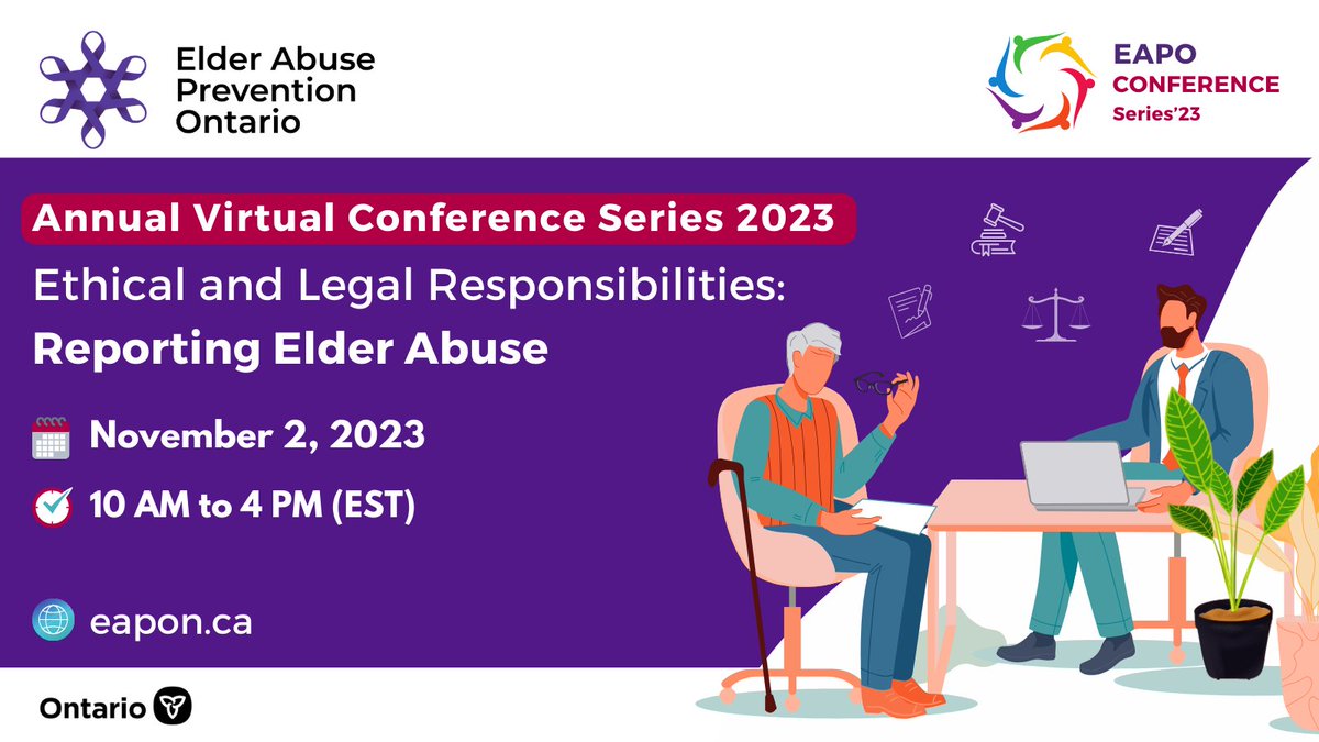 EAPreventionON's tweet image. ✅ Join EAPO for our Annual Conference Series ⭐️Ethical and Legal Responsibilities: Reporting Elder Abuse.
🗓️ Nov. 2  ⏰ 10am-4pm
This conference will continue our conversation on ending the abuse of #olderpersons by shining a light on #reportingabuse! ▶️ conta.cc/3ZWI4K4