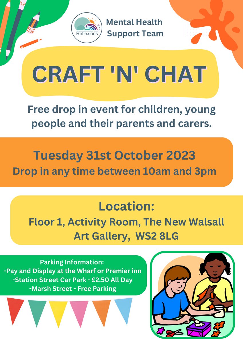 Craft and Chat with our Reflexions team returns this month! 🎨

Children, young people and their carers are invited to get creative at the free drop in session in #Walsall

See details below and get involved!