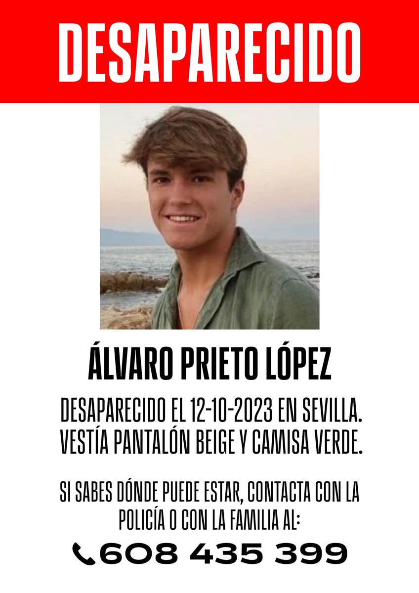 ‼️ Por favor, máxima difusión‼️ Seguimos buscando a Álvaro Prieto, estudiante de Ingeniería Mecánica de la @EPSC_UCO y jugador del #JuvenilACCF 🚨Desaparecido el jueves 12 de octubre en Sevilla. 👉🏻Se ruega se contacte con la policía o con la familia en el 608435399.