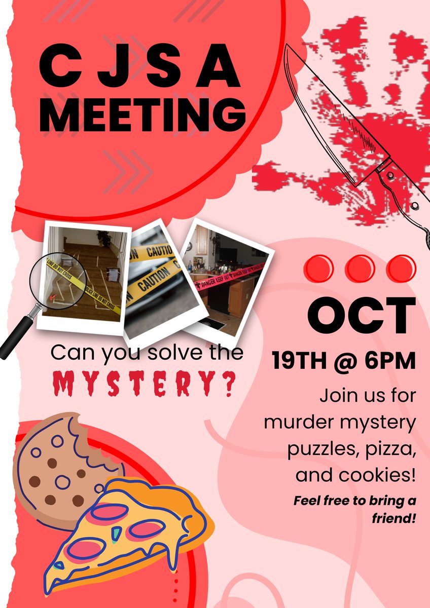 Hi all! This months meeting is NEXT THURSDAY, October 19th at 6pm! We will be solving murder mystery cases with a side of pizza and cookies! We hope to see you there; feel free to bring a friend! (Room/location information will be posted on all socials as soon as we have it!)