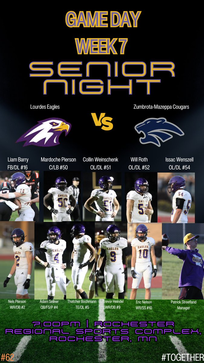 It’s Game Day Week 7! A special day as we celebrate our seniors on Senior Night! Come out and support as they play in their last regular season home game vs the Z-M Cougars! Kickoff 7:00PM #Together