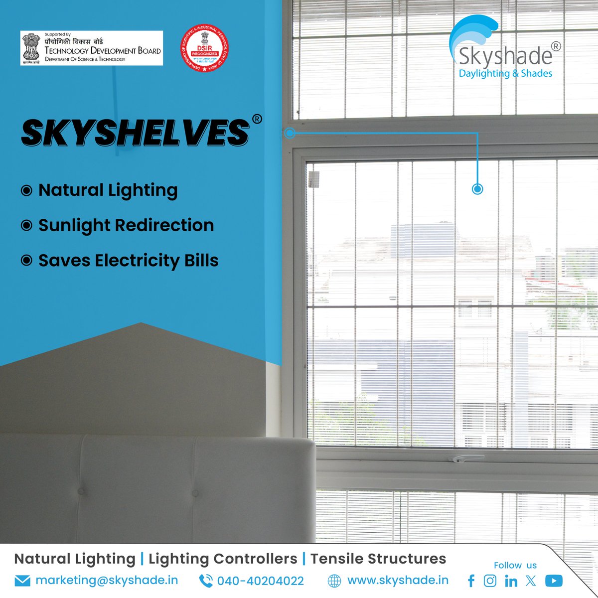 skyshade__'s tweet image. Skyshade Skyshelves |#lightshelves| engineered to redirect sunlight through windows towards the ceiling overcoming irregular sun rays during the daytime

Achieve efficient illumination, comfortable &amp;amp; productive spaces, reduced electrical usage in the building.
#daylightingsystems