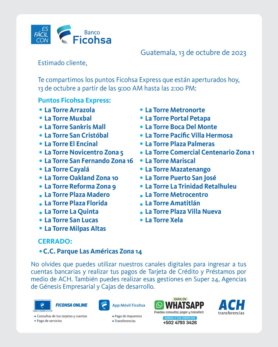 ¡Información importante! 🚨 
Damos a conocer nuestros puntos de atención, Agencias Ficohsa y Puntos Ficohsa Express que te atenderán a partir de las 9:00 AM hasta las 2:00 PM de hoy, 13 de octubre.

#FicohsaGT #BancoFicohsa