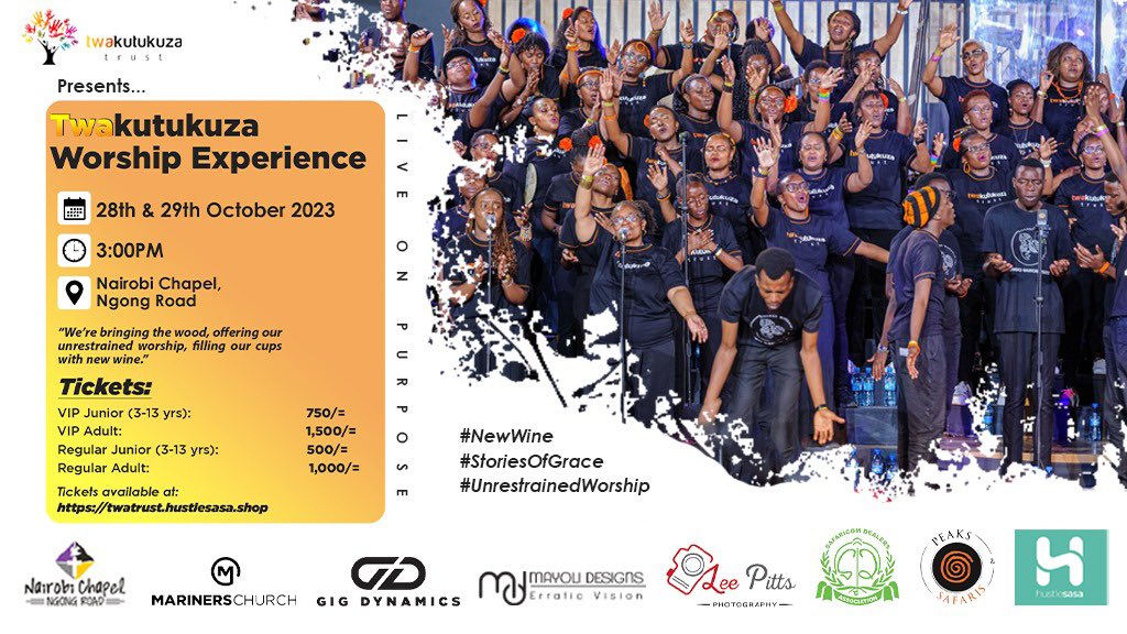We’re pleased to announce the dates of #Twa2023 Worship Experience!

The #TwaChoir is preparing for the year’s most anticipated worship experience!

Are you ready?
Get your tickets NOW!
twatrust.hustlesasa.shop

#UnrestrainedWorship #NewWine #StoriesOfGrace #Twa2023 #LiveOnPurpose