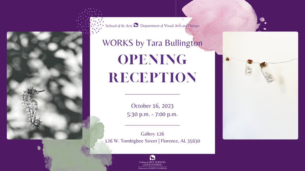 ⁠Join the UNA Department of Visual Arts and Design for an opening reception on Monday, October 16 at 5:30 p.m. for Tara Bullington's exhibit at Gallery 126. The exhibit will be open from October 17- Nov 30, 2023. ⁠
⁠#unavad #unasota #caseatuna