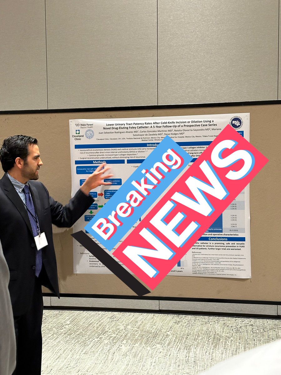 Proud to present one of my favorite projects: A drug-eluting Foley to prevent VUAS and US restenosis post DVIU/dilation. A diminute pt cohort, but the results at 5 years are impressive. Stay tuned for full 📄 @DrSteveHodges @CleClinicUro @WakeForest @incmnszmx #NCSAUA23