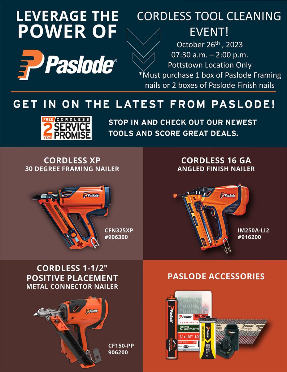 ADMoyerLumber's tweet photo. Contractors join us Thursday October 26th from 7:30 a.m. - 2:00 p.m. for the #Paslode Cordless Tool Cleaning event!! Check out the newest tools and score great deals while you are here! #PottstownPA location only. https://t.co/hHNavbIIdB