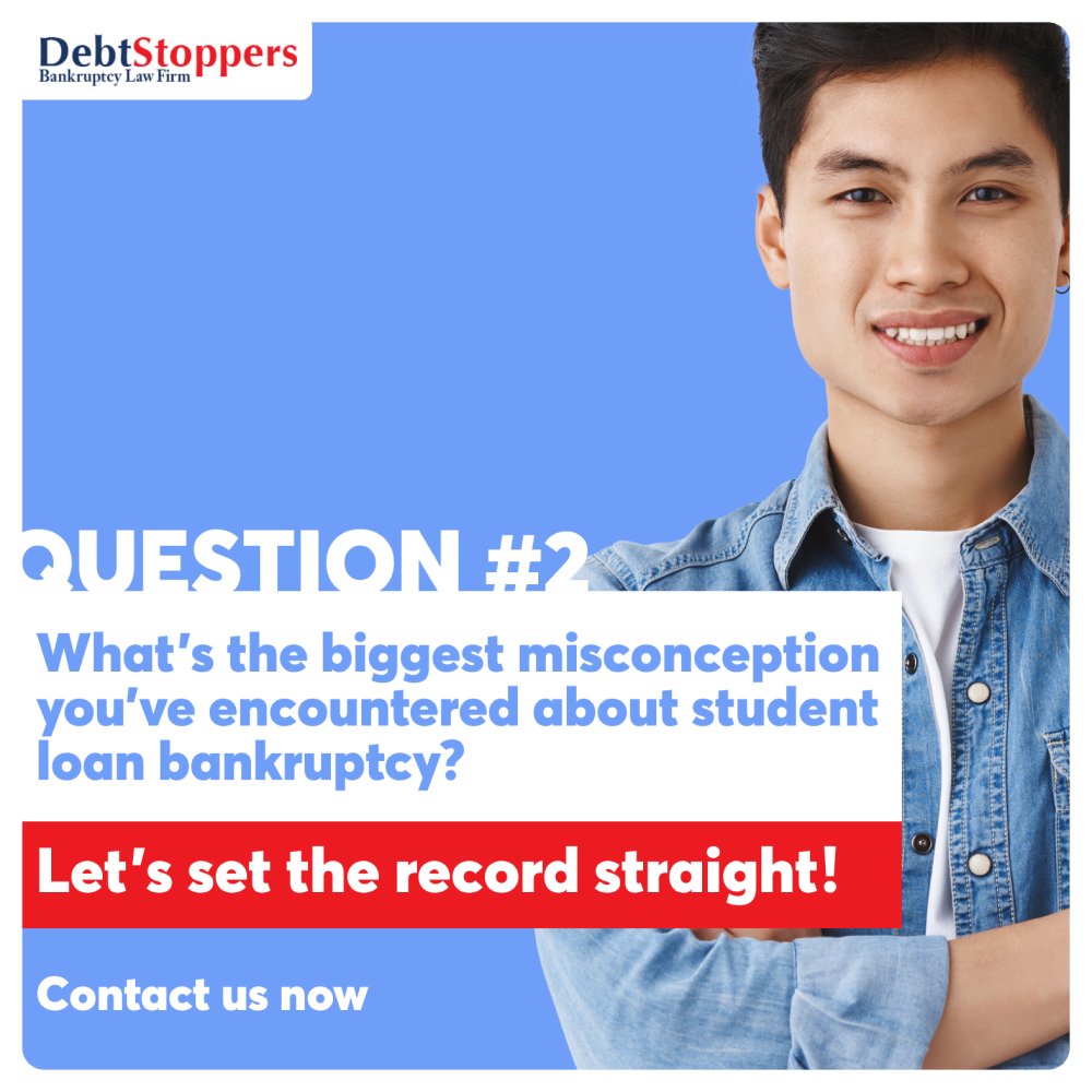 debtstoppersusa's tweet image. "Heard myths about student loan bankruptcy? Share the biggest misconceptions you've encountered! Let’s clear the fog and uncover the truth together. 💡🗣️ #StudentLoanMyths #BankruptcyFacts #DebunkingMisconceptions
