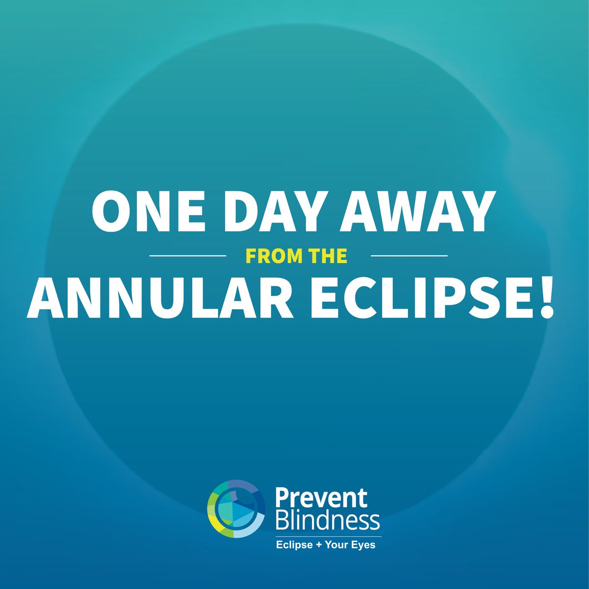 The 2023 Annular Eclipse is one day away!
 
Are you ready?
 
Check out our website for information on how you can safely view the eclipse without causing damage to your eyes.
 
preventblindness.org/solar-eclipse-…
 
#annulareclipse2023 #solareclipse2023 #preventblindness #eyehealth