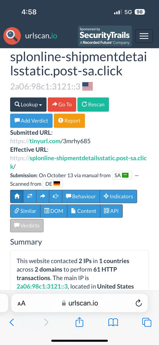 إذا وصلك رابط و خايف تفتحه انسخ الرابط و افتحه في هذا الموقع

urlscan.io

راح يعطيك معلومات كثير و يعطيك صوره لشكل الموقع 
هذا مثال وصلني رابط مختصر لازم افتح حتى اعرف الرابط الحقيقي 
بستخدام الموقع عرفت الرابط الحقيقي وهو وهمي لموقع #البريد_السعودي #سبل #spl 
نرجو