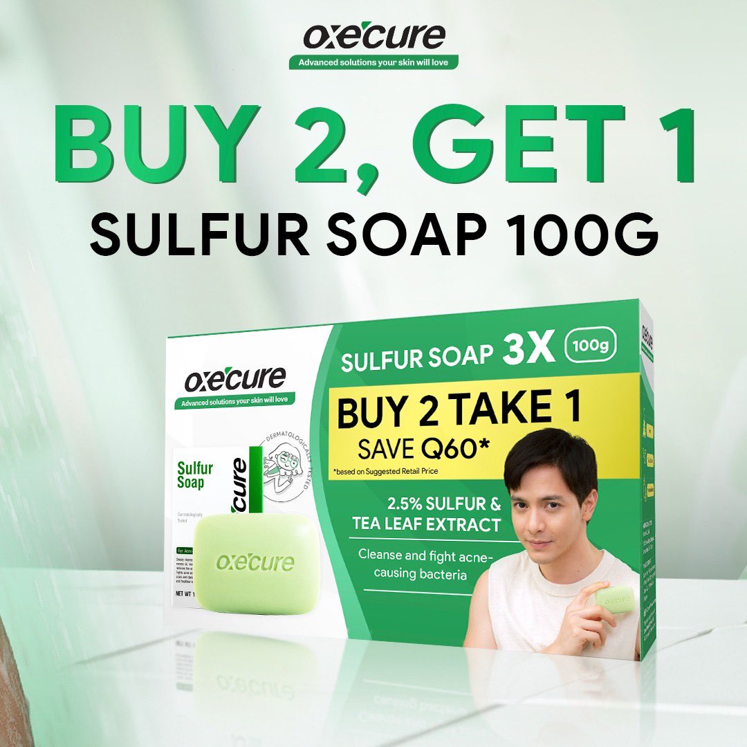 Oxecure_QA's tweet photo. Want to know @aldenrichards02's secret to acne-free skin? 👀 It's our Sulfur Soap! 🧼🫧 Derma-tested to deeply cleanse and wash away acne-causing bacteria with 2.5% sulfur! 💚

It's also BUY 2, GET 1 FREE at https://t.co/50NVa3C8eW! 🤩 

#OxecureQA #OxecureInControl #BodyAcne https://t.co/0p3YtVBxw6