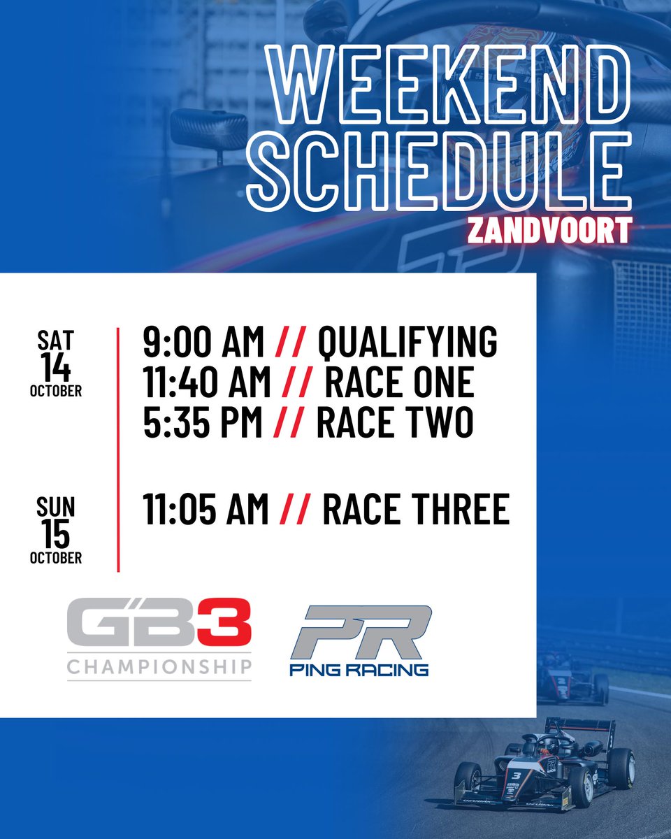 Ping Racing (@ping_racing) on Twitter photo Practice sessions a underway at <a href="/cmcztweets/">CM.com Circuit Zandvoort</a> today, here's the rest of our weekend schedule!
#PingRacing / #NoahPing / #GB3Championship / <a href="/gb3championship/">GB3 Championship</a> / <a href="/ardenmotorsport/">Arden Motorsport</a> / <a href="/velocityrd/">VRD</a> Practice sessions a underway at <a href="/cmcztweets/">CM.com Circuit Zandvoort</a> today, here's the rest of our weekend schedule!
#PingRacing / #NoahPing / #GB3Championship / <a href="/gb3championship/">GB3 Championship</a> / <a href="/ardenmotorsport/">Arden Motorsport</a> / <a href="/velocityrd/">VRD</a>