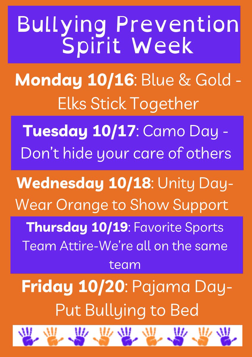 October 16 - 20 is Bullying Prevention Spirit Week.
Be sure to dress up to stand united against bullying! <a href="/EMSPOWERHOUSE/">EMS Library</a> <a href="/EMSMakerSpace/">EMSMakerSpace</a>