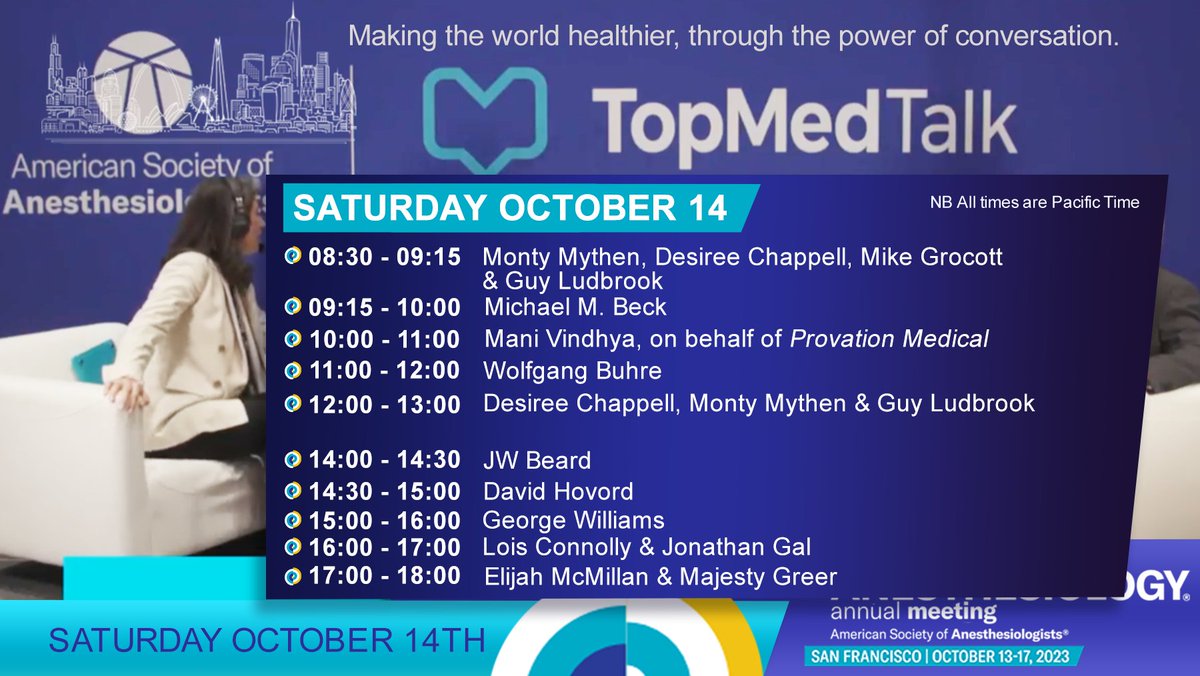 Join us LIVE from our ASA studio at Booth 226 Saturday October 14 from 8.30am local time. WATCH LIVE 🔴 topmedtalk.com Delighted to be partnering with the American Society of Anesthesiologists® at ANESTHESIOLOGY® 2023. #ANES2023