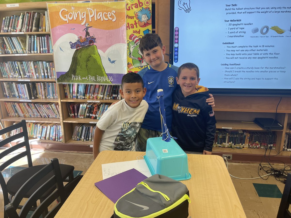 jaclynguidice's tweet photo. What a great day in Ms. Karfinkel’s WINGS class @OldMillPride. Ss collaborated, problem solved, and thought critically to build the tallest structure possible using tape, string, spaghetti and a marshmallow! They connected the experience to Going Places by Peter &amp; Paul Reynolds. https://t.co/0hZVkV2Yvr