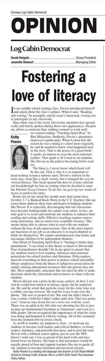 Our very own Kathy Powers, a dedicated teacher and Teach Plus Policy Fellow, has published an insightful article in The Cabin! 🙌🏼 Check out her thought-provoking piece on 'Fostering a Love of Literacy' and show your support! #TeachPlus #PolicyFellowship #LiteracyMatters