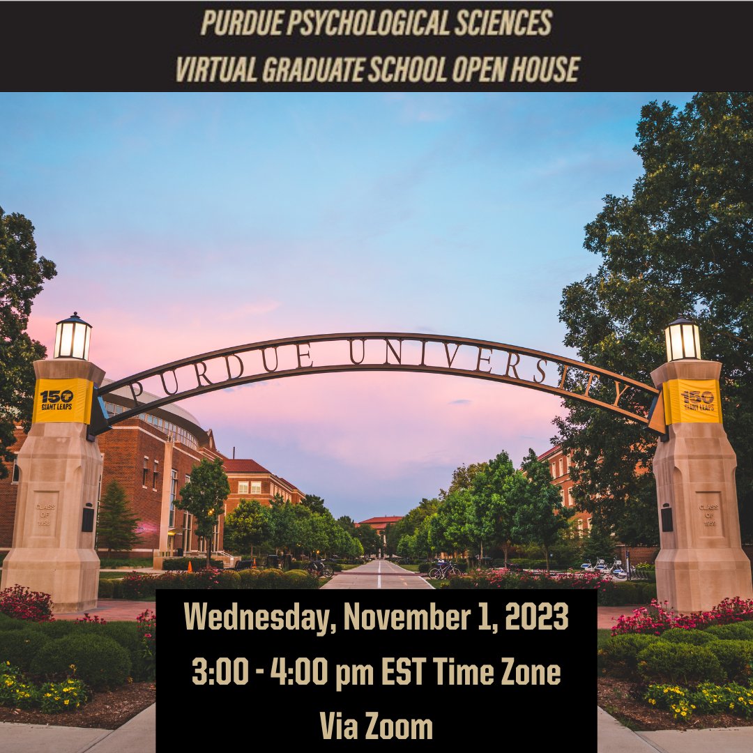 Purdue_PsychSci's tweet photo. Boiler up! Register here: https://t.co/4ML8KuOMJD
Join us for a Virtual Graduate School Open House! Learn more about Purdue University, Dept of Psychological Sciences, our training areas, graduate school application process, advice and tips, speak with faculty members,&amp; more! https://t.co/SYLVe6iK8u