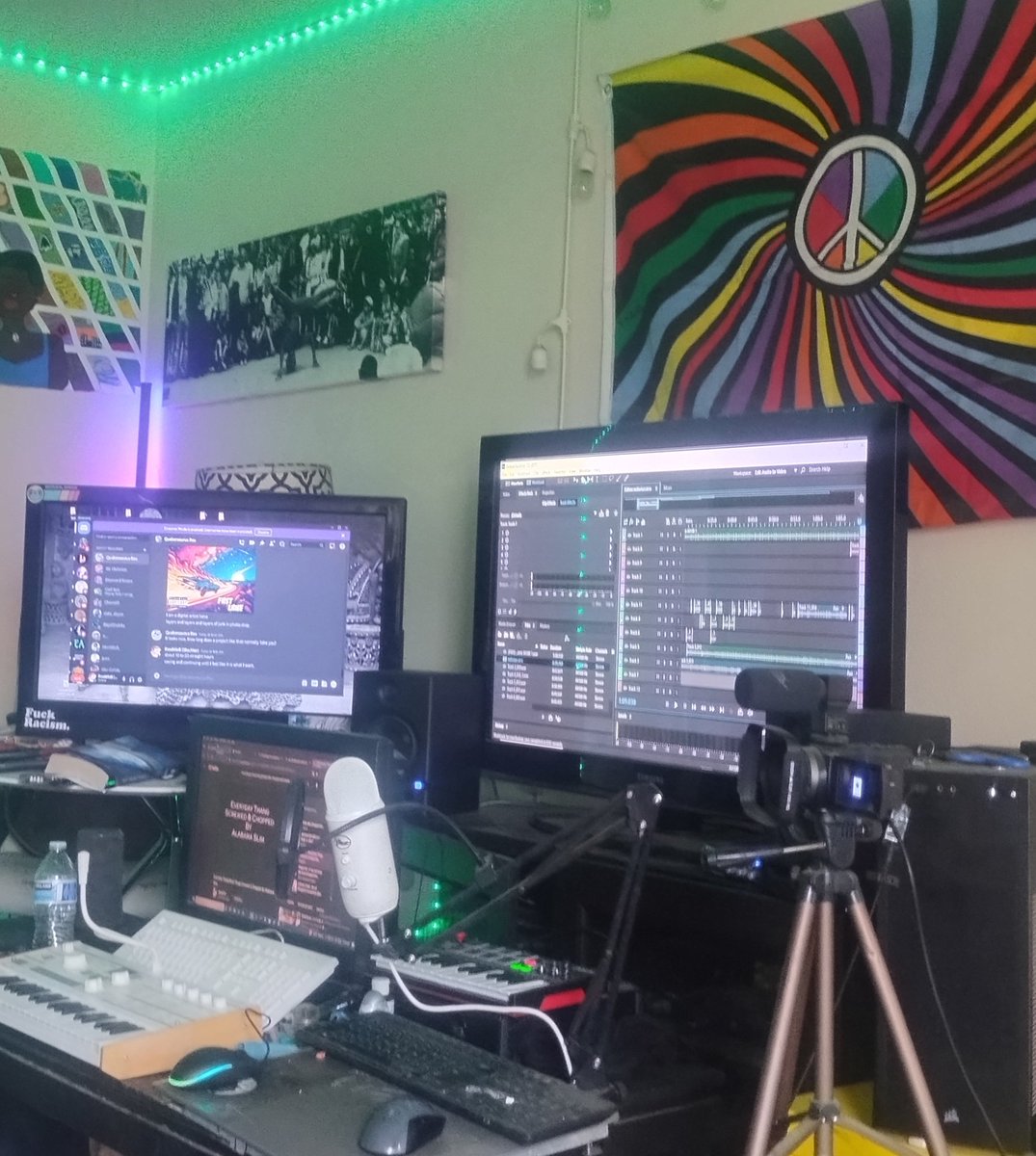 RapDemiGods's tweet photo. This is our current #setup. We are going to hangup #soundproofing foam today. #TripleThreatStudios #homestudio #recording #hiphop #rap #trap #underground #SoundCloud #Spotify #TransRapDuo #studio #Soundcheck #AdobeAudition #WorkFromHome #work #LivingtheDream https://t.co/r9eLUtt4lE