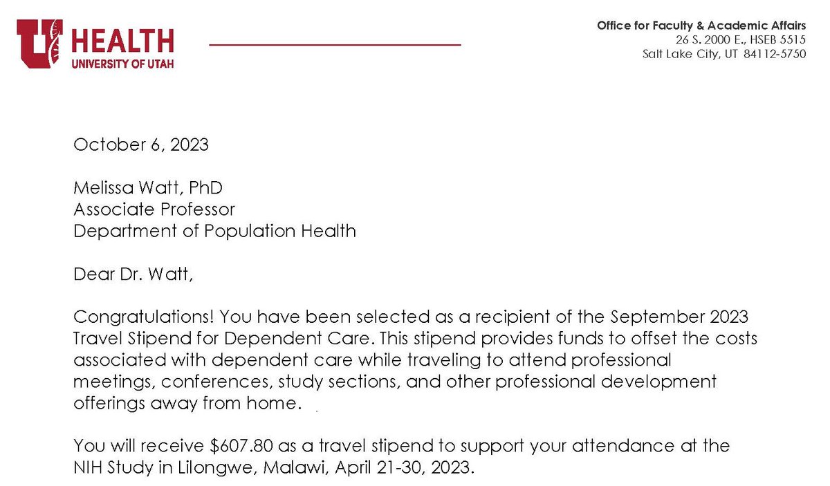 How do you create a family-friendly workplace? Support the extra costs of childcare when your faculty and staff are traveling for work. Thank you, @UofUHealth! @UofUPHS @angiefagerlin