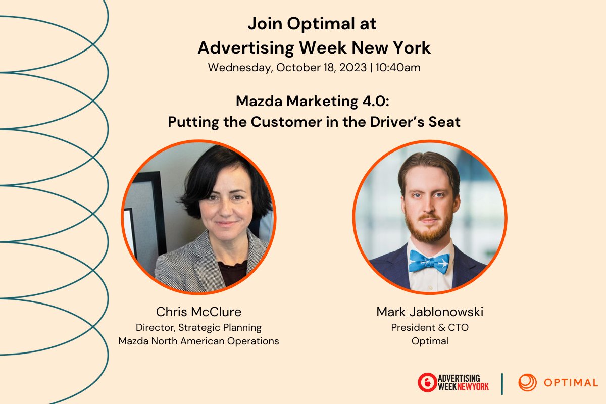 Heading to <a href="/advertisingweek/">Advertising Week</a>? Our own <a href="/MarkJablonowski/">Mark Jablonowski</a> takes the stage alongside Chris McClure to reveal how <a href="/MazdaUSA/">Mazda USA</a>'s digital transformation puts the customer in the driver's seat. Add our session to your schedule, or reach out if you need a virtual pass winwithoptimal.com/contact-us/