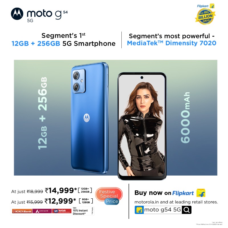 motorolaindia's tweet photo. #GoBeyondSpeed with the #MotoG54! Experience 5G speed, a powerful processor, a 50MP OIS Camera, a 6.5” FHD+ 120Hz Display, and more starting at just ₹12,999* during @flipkart's #BigBillionDays