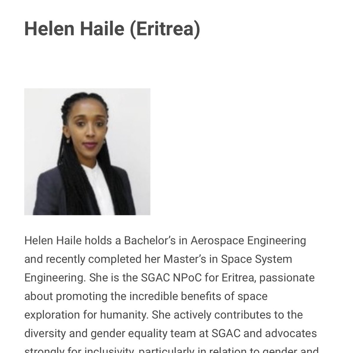 Gual #Eritrea is on one #SGAC’s  2023 African Space Leaders Award. Congratulations #HelenHaile! #EritreaPrevailes