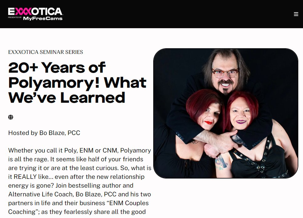 Our Sunday Seminar <a href="/exxxotica/">EXXXOTICA Expo</a> NJ - Nov 5th 3:15pm

20+ Years of Polyamory! What We’ve Learned
exxxoticaexpo.com/seminars/20-ye…

Going to be a blast. We are in booth 212 if you want to come say hi to us