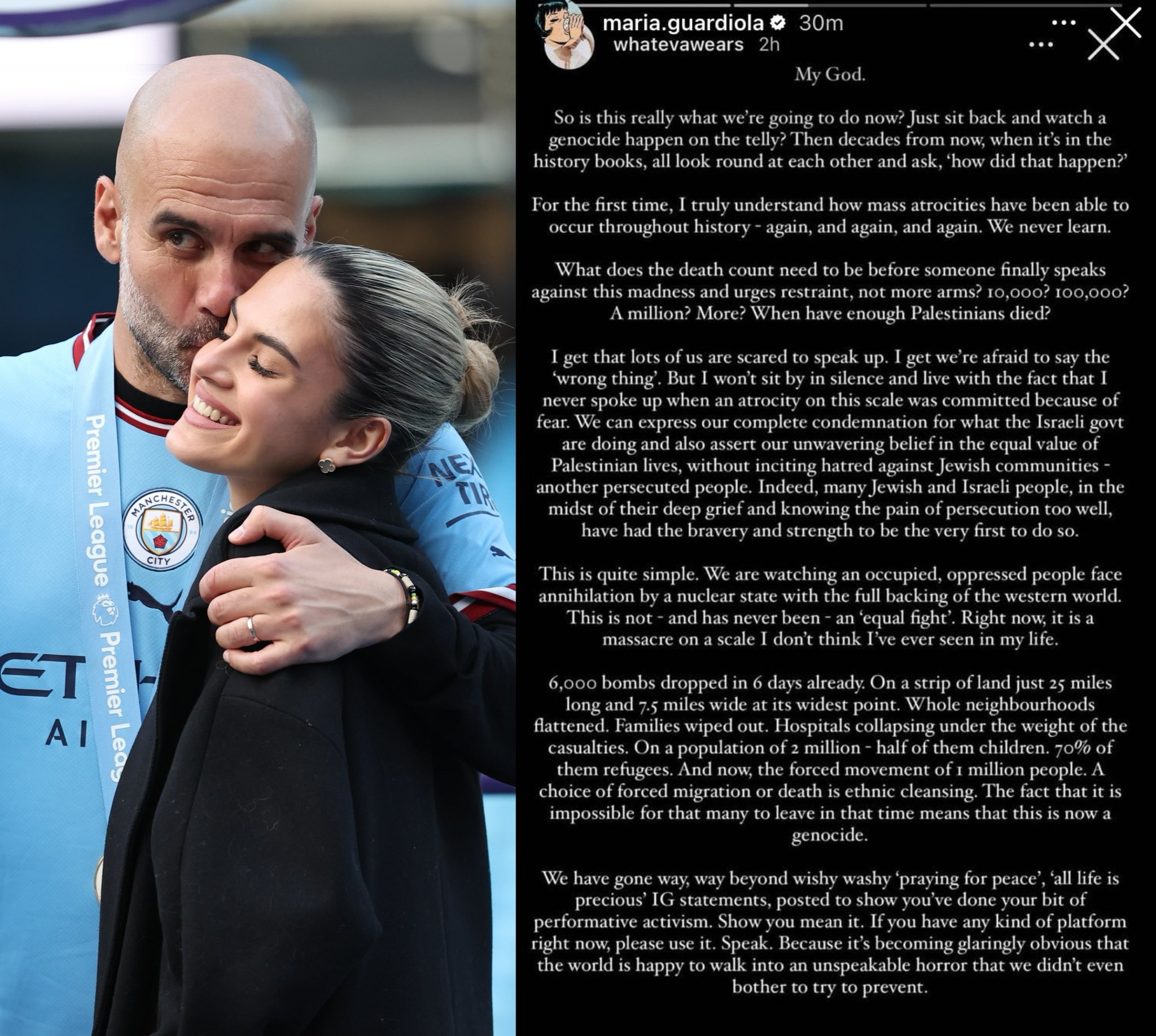 Majid Freeman on X: "🇵🇸 #Gaza: This statement by Manchester City manager  Pep Guardiola's daughter, Maria Guardiola has put a lot of politicians,  celebrities, journalists and others with a platform to shame: '