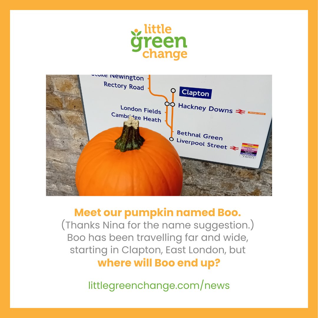 Boo the @littlegrnchange Pumpkin is at #Clapton Station in East #London. We think Boo's taking the #train, but to where? Any guesses? Thanks to @hubbubUK and the @globalgoodaward for the pumpkin, gifted at the #purposesummit23.
#littlegreenchange #Eatyourpumpkin #endfoodwaste