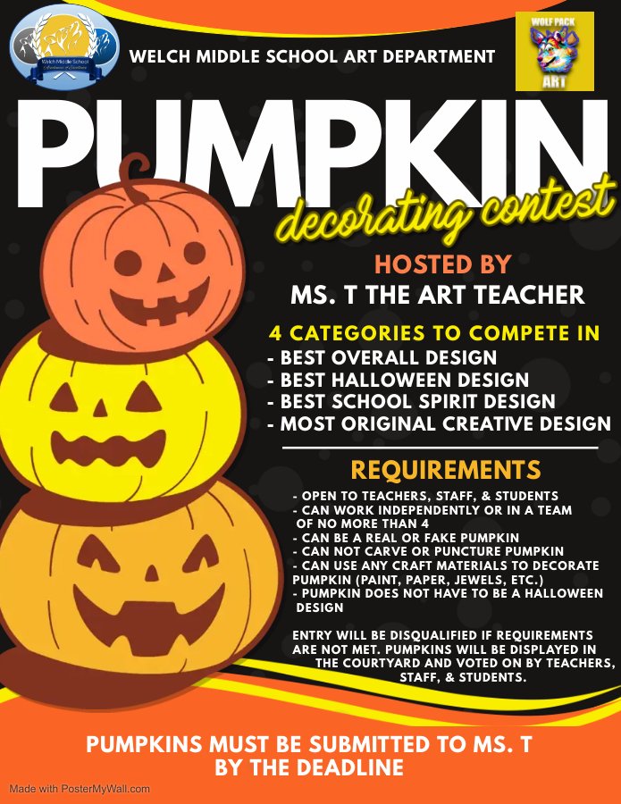 WolfPackArtWMS's tweet photo. The Welch Art Department is hosting its 2nd annual pumpkin decorating contest. Submissions are due Monday, October 30th. Can't wait to see all of the submissions! 🎃
@Welch_WolfPack 
#Wolfpack #WMSWolfPack #BlueandGold #WolfPackPride #WMSWolfPack #WMSArtRocks https://t.co/94YPaUBVtA