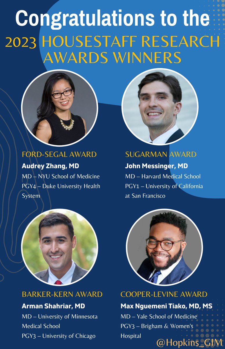 Hopkins_GIM's tweet photo. Congratulations to the winners of the 18th annual Hopkins #GIM Housestaff Research Awards! 

• @AudreyDZhang 
• @johncmessinger
• @ArmanAShahriar
• @MaxJordan_N

➡️ Learn more about these prestigious awards here: https://t.co/yxRXgpeYNH https://t.co/vfMZeSjXIH