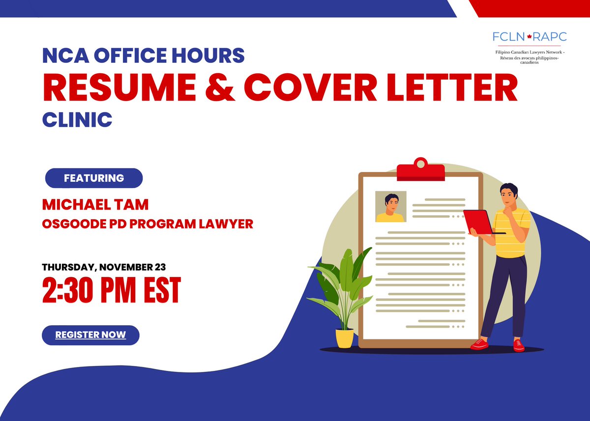 nationalFCLN's tweet photo. A special NCA Office Hours is happening on Nov 23, 2023 to help our NCA members succeed in their legal careers in Canada. Feat. Michael Tam.

Register here 
https://t.co/yRNY2viua2

All registered attendees will receive a link to upload their resumes by EOD November 20, 2023. https://t.co/UDkb0oS0yf