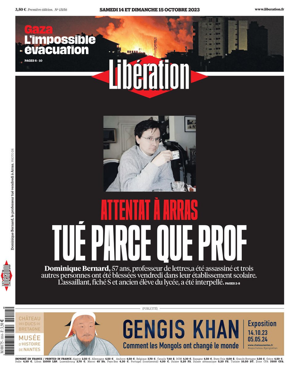 ⚫ Attentat à Arras : tué parce que prof. C'est la une de @Libe ce week-end.