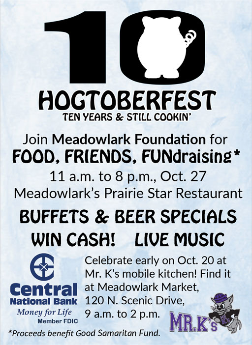 Manhattan customers! Please join us at the 2023 Hogtoberfest on October 27th at Meadowlark's Prairie Star Restaurant. The event benefits the Meadowlark Foundation. Can't come on the 27th? Join us next Friday at Mr. K's mobile kitchen at Meadowlark Market on Scenic.