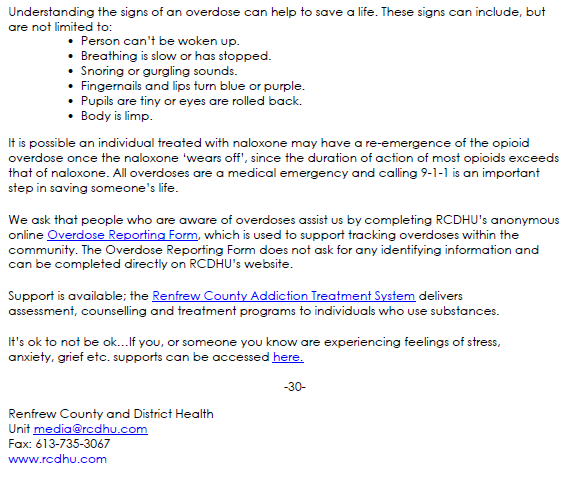 NOTICE: Overdose Alert for Renfrew County and District 

For more information visit: rcdhu.com/news/