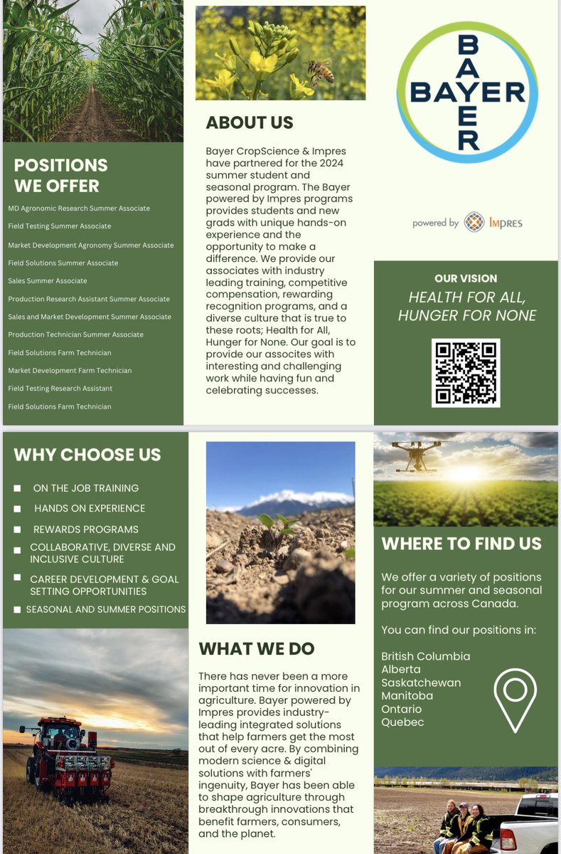 Looking for a summer job in agriculture?
<a href="/Bayer4CropsCA/">Crop Science Canada</a> still has summer student jobs open for applications! Click on the link below or scan the QR code provided in the brochure. There are a wide variety of jobs in sales, agronomy and research.
#TeamBayer

impres.com/positions?ptyp…