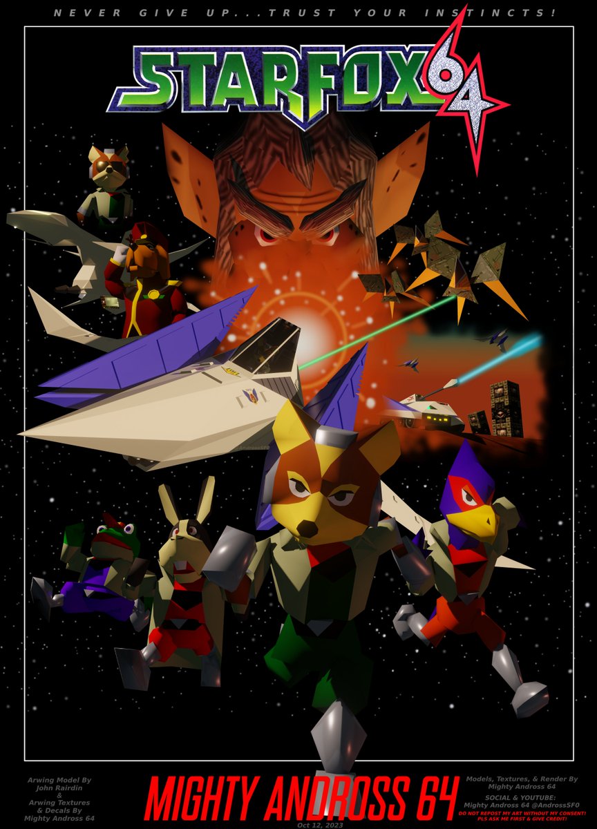 After a week of hard work in Blender, here's my unique spin on a classic Star Fox 64 render! I felt James & Great Fox would work great in there too;) #starfox #starfox64 #n64 #nintendo64 #Nintendo #foxmcloud #Peppy #Slippy #Falco #blender #arwing #art #andross