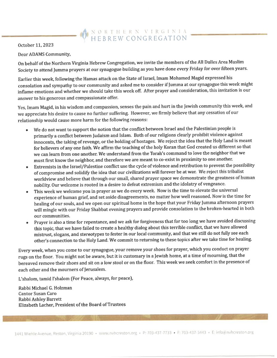 Today I attended Jumma prayers at Northern Virginia Hebrew Congregation, a weekly invite to ADAMS community. Thank you, Iman Magid and Rabbi Holzman, for promoting peace. And <a href="/FairfaxCountyPD/">Fairfax County Police</a>
for ensuring everyone felt safe to pray. Pls read: #HunterMill❤️