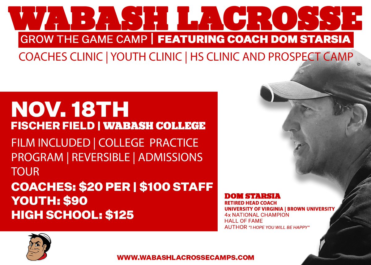 🚨 BIG NEWS 🚨 

We want to first  thank Coach Starsia for giving us this opportunity.

Our annual grow the game camp just got bigger. It now includes a Coaches Clinic, Youth Clinic, and Prospect Camp.

Should be a great day!

wabashlacrossecamps.com

#WAF #TheRightWay