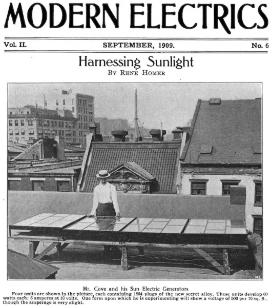 Dieser Zeitung-Artikel ist 114 Jahre alt.

114 Jahre!

Und zeigt die Vorstellung einer neuen Erfindung: Solarzellen, die ein ganzes Haus mit Strom versorgen können.

Kurz nach dem Bericht wurde der Erfinder entführt. Wieso hat er danach seine Idee der #EE nicht weiter verfolgt?