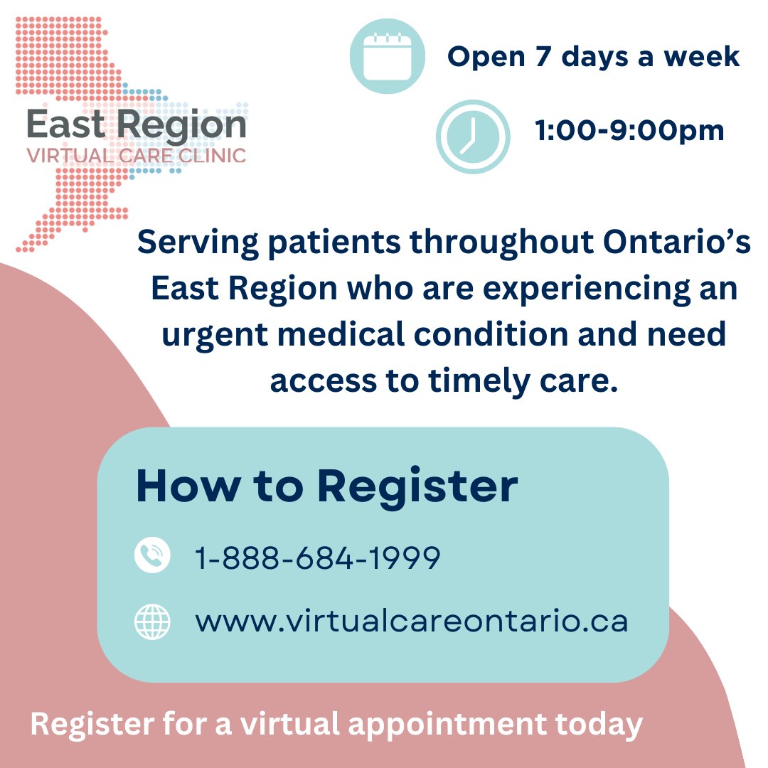 klhoht's tweet photo. The East Region Virtual Care Clinic serves patients  who are experiencing an urgent medical condition. 
Patients can access the East Region Virtual Care clinic 7 days a week from 1:00 to 9:00 p.m. by registering at https://t.co/HkgEXtOBvF or by calling 1-888-684-1999. https://t.co/sjmIE7nxmu