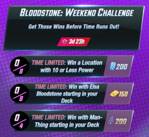 dddrewsky's tweet photo. 🏆 Weekend Challenges! 🏆

💪🏼 Win a Location with 10 or Less Power x8
💪🏼 Win with Elsa Bloodstone x8
💪🏼 Win with Man-Thing x4

What do you think about these challenges and rewards?! Did you get Man-thing or Elsa?! 🤔

#MarvelSnap #WeekendChallenges #rewards https://t.co/cD0tgczFW7