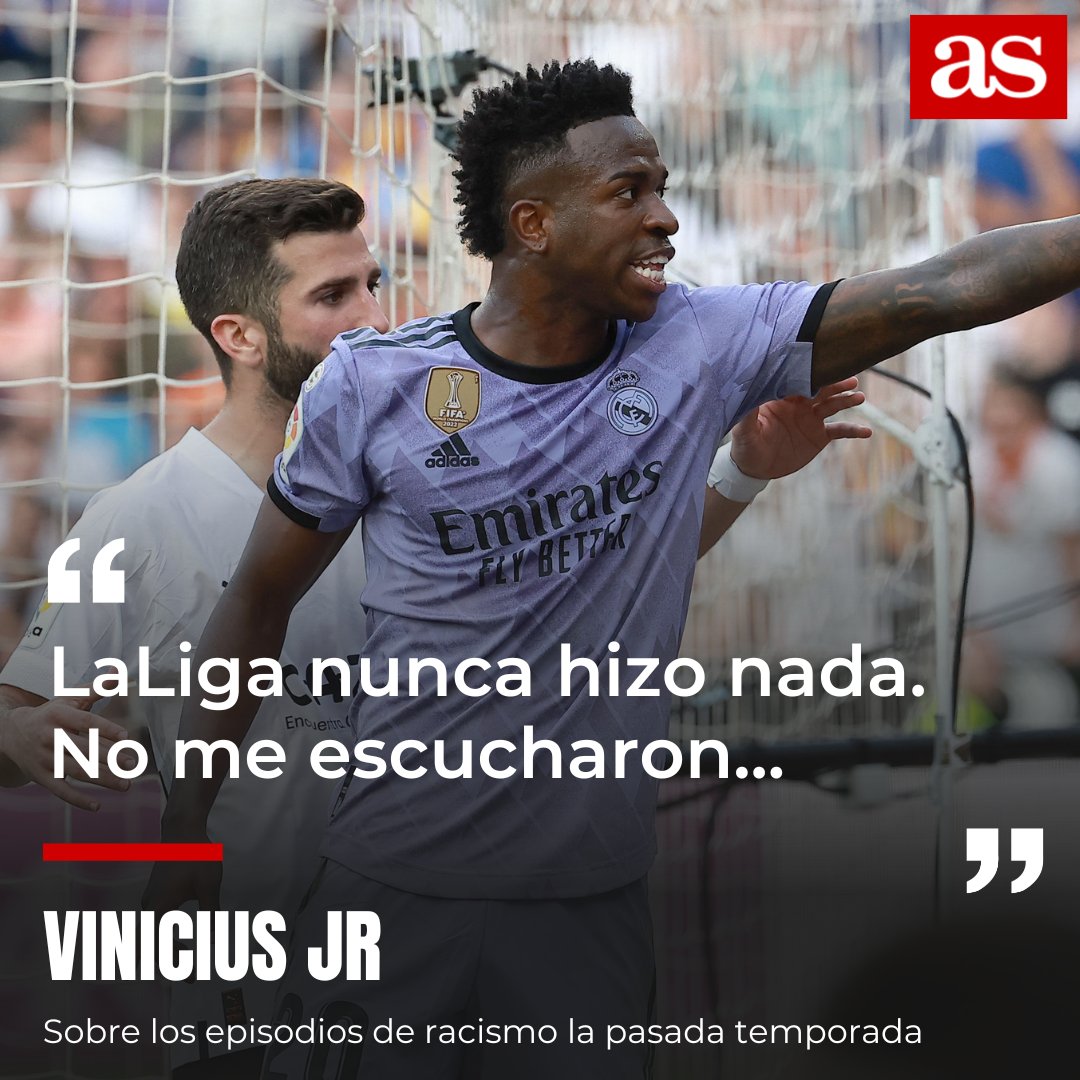 diarioas's tweet photo. 😰 Vinicius recuerda la falta de apoyo por parte de #LaLiga frente al racismo: "Lo que pasó en Valencia fue en la jornada 35, pero en todos los partidos fuera de casa antes hubo episodios de racismo" https://t.co/goqe7W4c4U