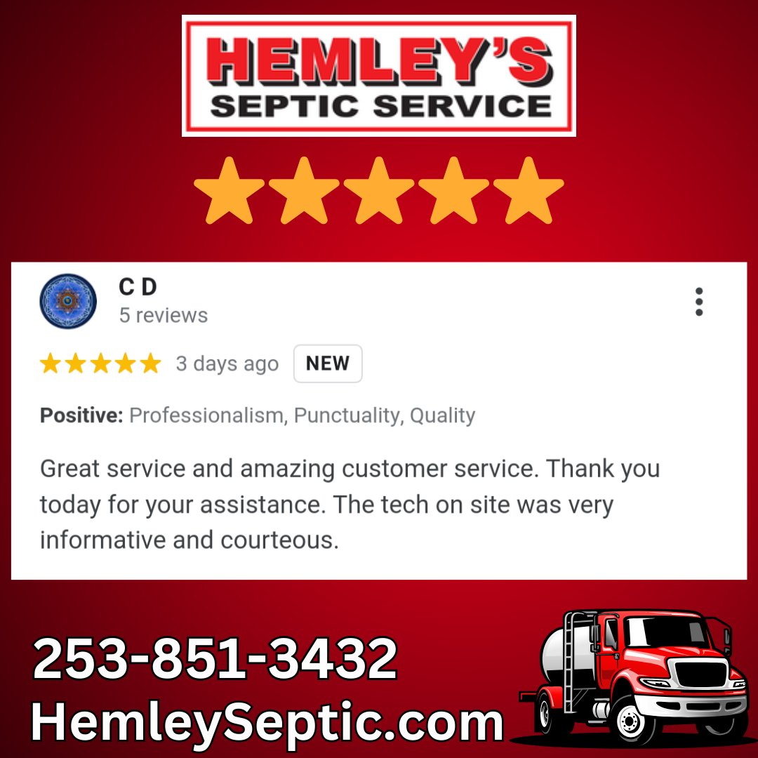 🌟🌟🌟🌟🌟 Customer Appreciation!

👨🏼‍🔧🚛🚽 Hemley's Septic, Serving You, Since '62! 
📱Call 253-851-3432
💻  hemleyseptic.com

#googlereview #hemleyseptic #hemleysseptic #gigharbor #portorchard #masoncounty #piercecounty #thurstoncounty #kitsapcounty #kitsapcountyseptic